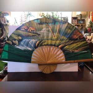Vintage Large Decorative Fan. Green with Painting.